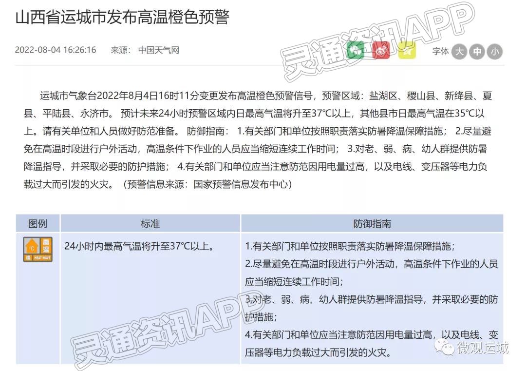 注意! 运城发布高温橙色预警！_半岛官网App下载(图1)