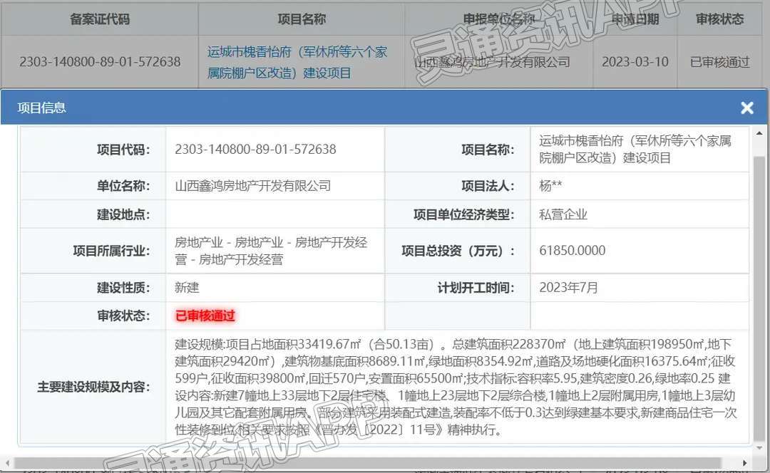 运城棚改项目槐香怡府完成备案，预计2023年7月动工“j9九游会官方登录”(图1)